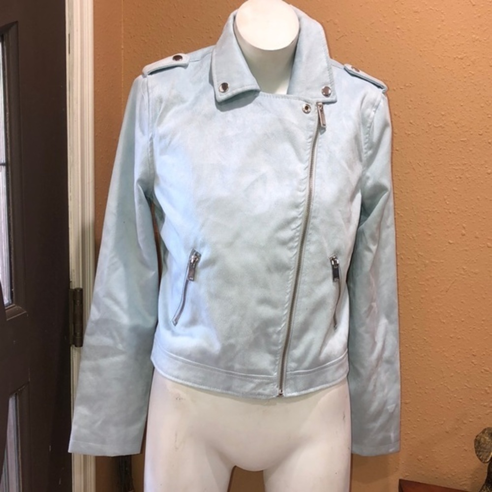 Outer Edge ice blue faux suede moto jacket
